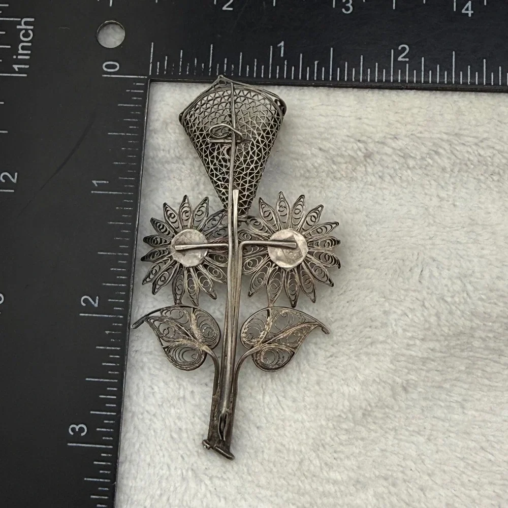 Vintage Spun Silver Brooch Silver Tone Filigree Sunflower Calla Lily Floral